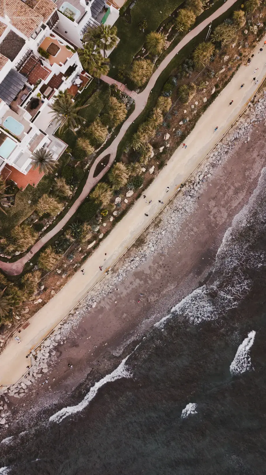 Aerial view of the Costa del Sol coastline, villas and beach near Marbella